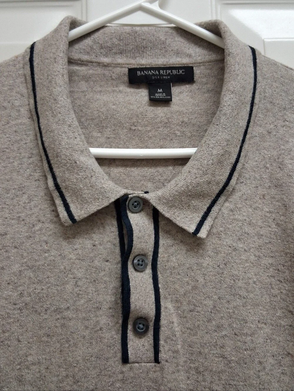 Banana Republic Tipped Silk Linen Knit Polo Shirt Medium Beige Grandpacore